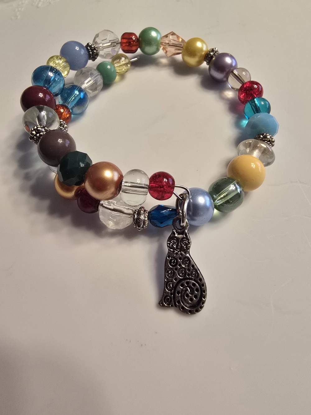 Memory Wire Multicolor Beaded Bracelet with Cat Charm - Women Jewelry